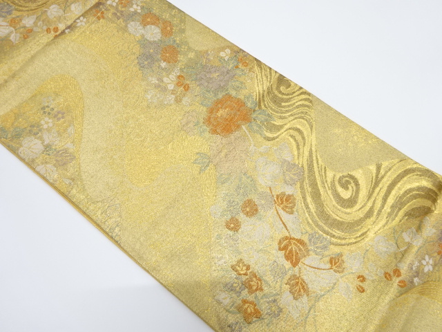 JAPANESE KIMONO / VINTAGE FUKURO OBI / SILK / WOVEN PEONY & STREAM